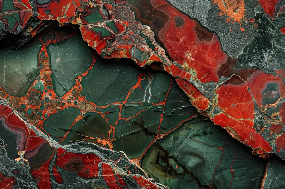Macro close-up of raw dragon blood jasper showing green epidote and red piemontite mineral composition